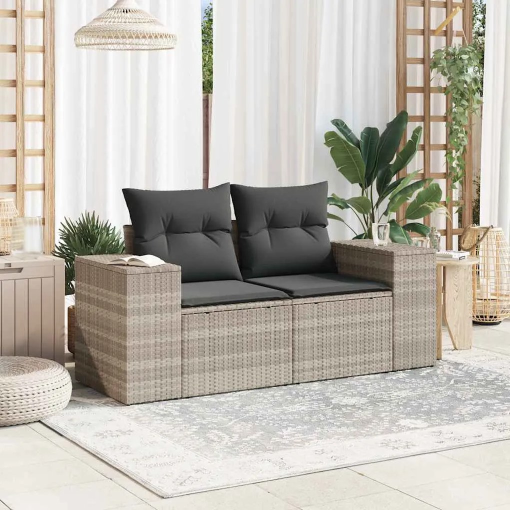 2 személyes világosszürke polyrattan kerti kanapé párnával