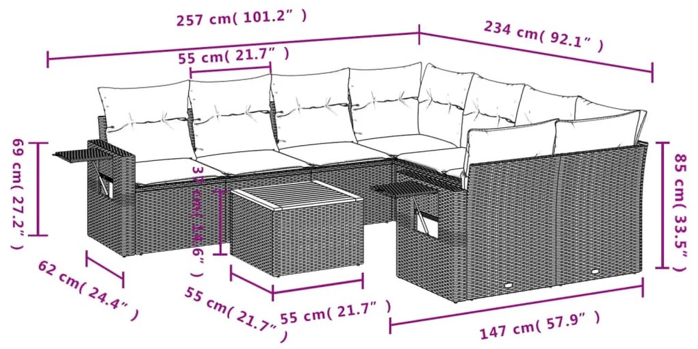 9 részes vegyes bézs polyrattan kerti ülőgarnitúra párnákkal