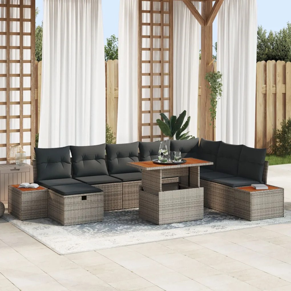 9 Részes Kerti Sofa Szett Párnákkal Szürke Poli Rattan