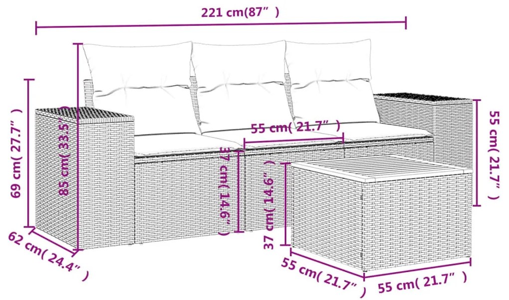 4 részes szürke polyrattan kerti ülőgarnitúra párnákkal