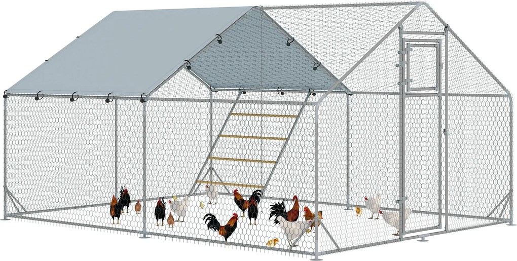 PawHut Kerti Tyúkól - Acélból készült Szabadon Futó Kerítés, 3 x 4 x 1,95 m Tyúkketrec UV-álló Borítással, Takarmányajtóval, Függő Takarmányzóval, Ülő