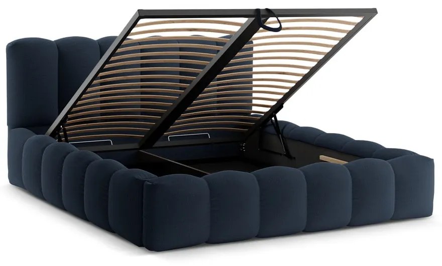 Sötétkék kárpitozott ágyneműtartós franciaágy ágyráccsal 160x200 cm Lupine – Micadoni