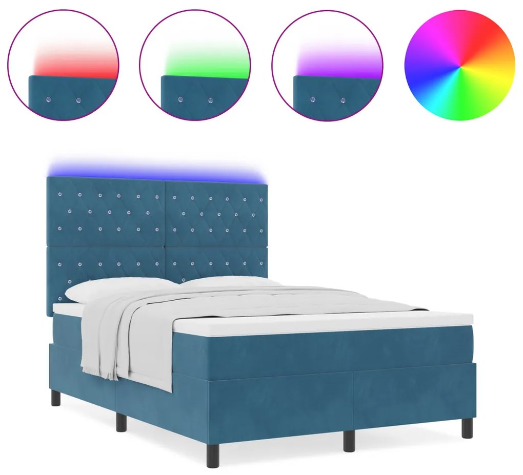 Box Spring Ágy Matrac és LED Sötétkék 140x190 cm Bársony