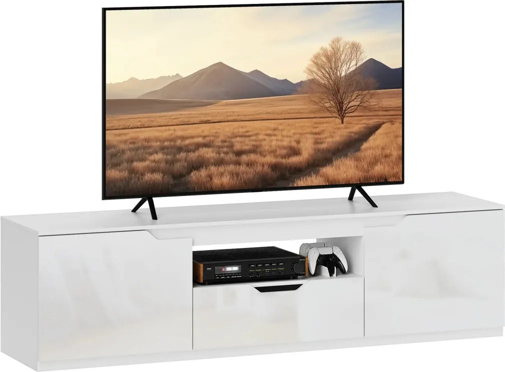 HOMCOM TV-szekrény, magasfényű, akár 65"-os tévékhez, 3 rekesszel, fiókkal, fehér