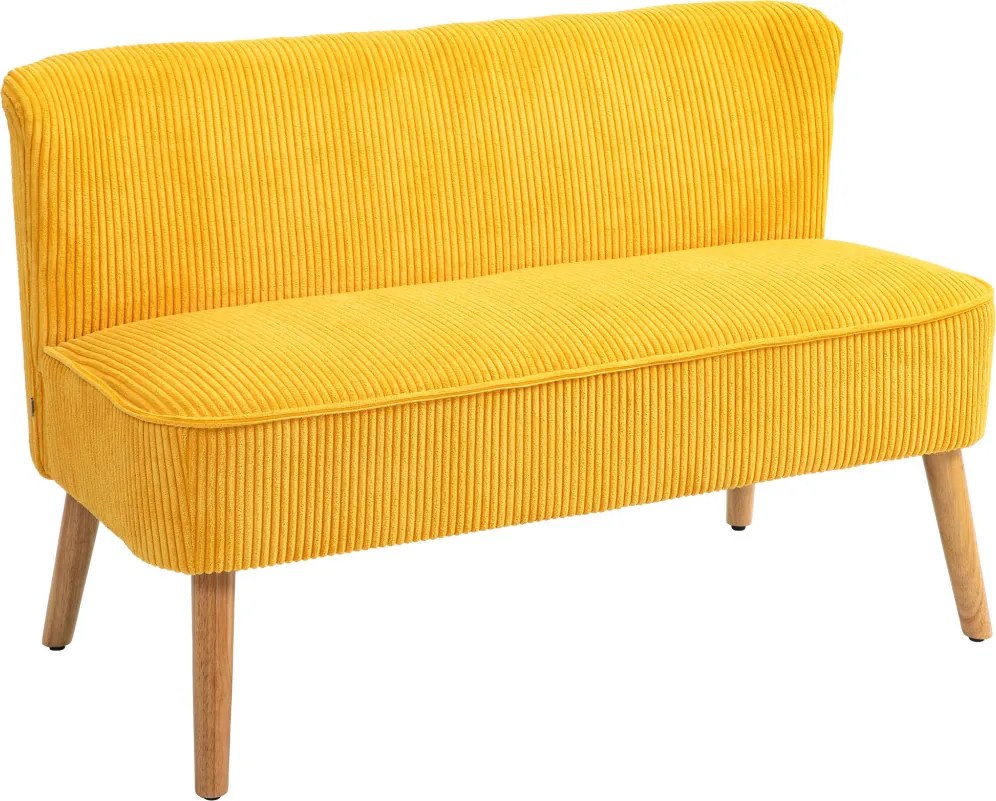 HOMCOM kétszemélyes kanapé, elegáns skandináv dizájn, tömörfa váz, 150 kg-ig, sárga