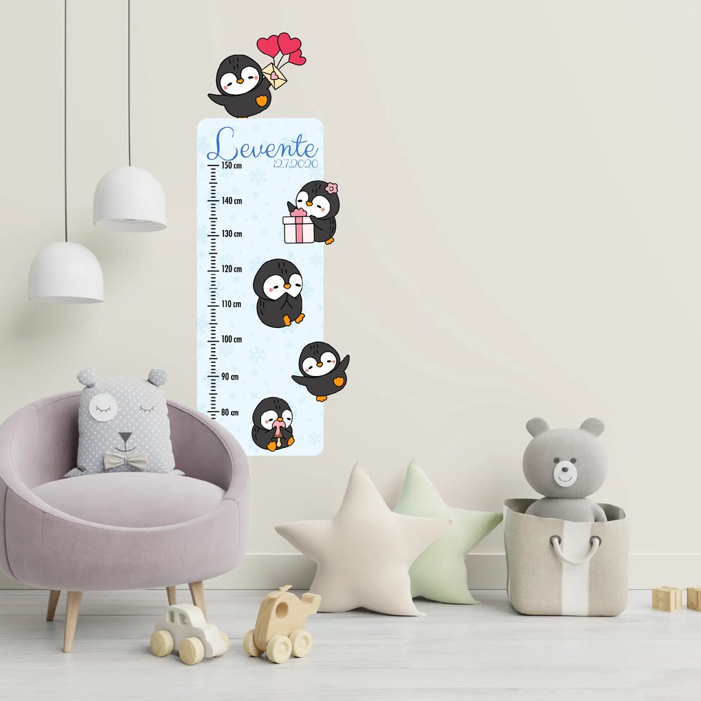 PIPPER. Textil falmatrica "Gyermek magasságmérő névvel - Pingvinek 2"
