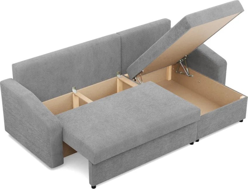 Zeus sarokkanapé, 2 ágyneműtartóval, döntött kartámasz, kordbársony, univerzális oldal, bonell töltet, szürke