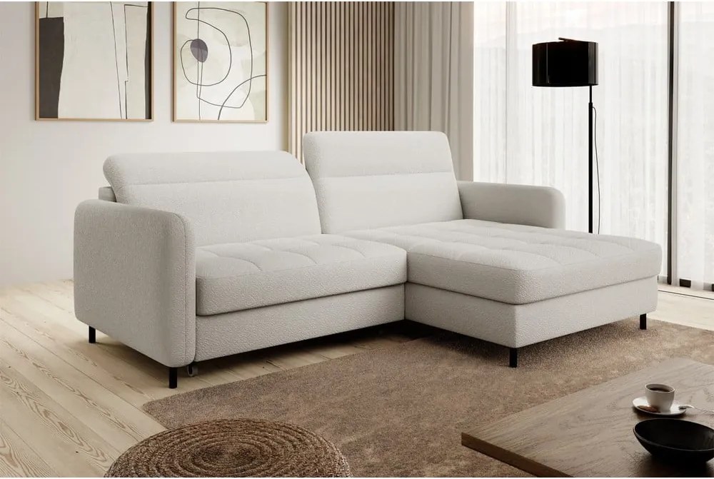 Krémszínű buklé kinyitható-tárolóhelyes sarokkanapé (jobb oldali-heverő résszel) Gomsi – ELTAP