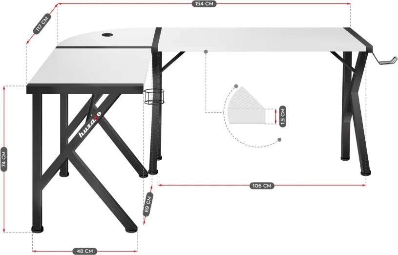 Sarok gamer asztal , 154x117cm, fém / MDF, fehér