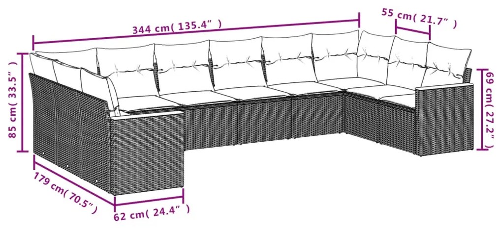 10 részes szürke polyrattan kerti ülőgarnitúra párnákkal