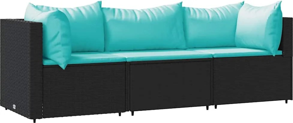 vidaXL 3 részes fekete polyrattan kerti ülőgarnitúra párnákkal