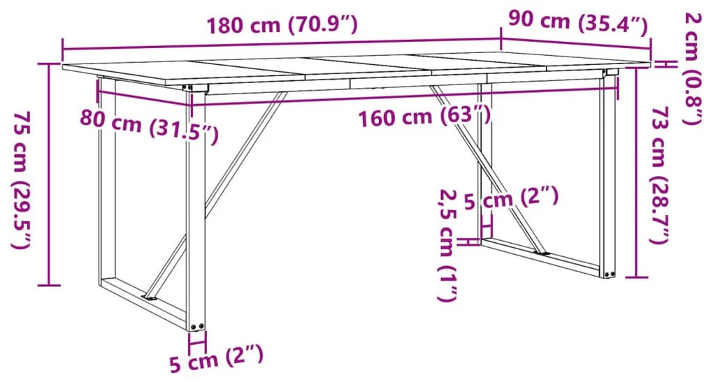 tömör fenyőfa és öntöttvas étkezőasztal O-vázzal 180x90x75 cm