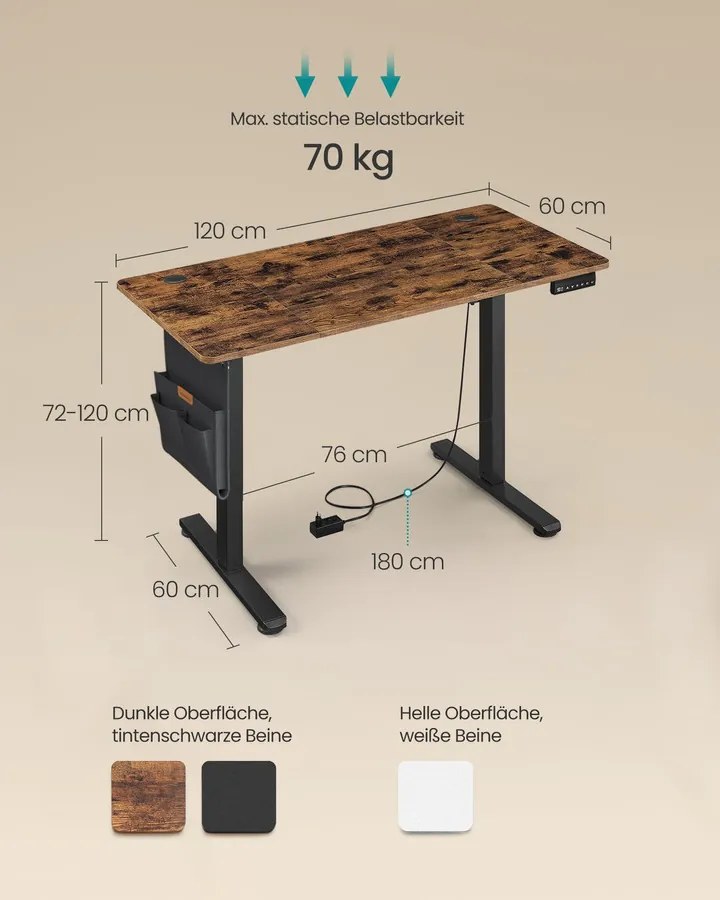SONGMICS állítható magasságú asztal (72-120 cm), 4 memóriás, antikbarna-fekete