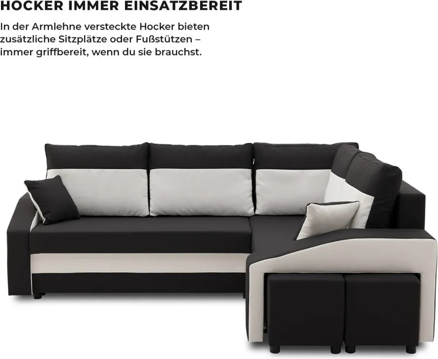 Grande sarokkanapé polcokkal és puffokkal , polc a bal karfaban puffok a jobb karfaban, jobboldali, szövet anyag, hab töltet, fekete - fehér