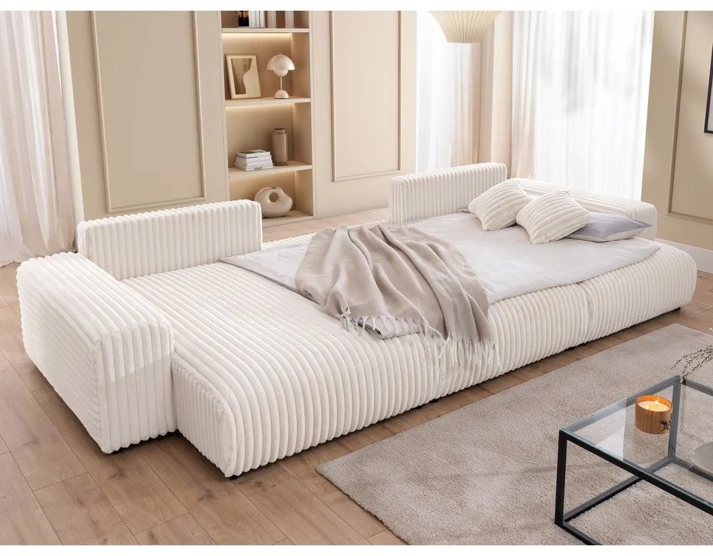 Krémszínű kordbársony kinyitható-tárolóhelyes sarokkanapé (U alakú) Sarina – Ropez