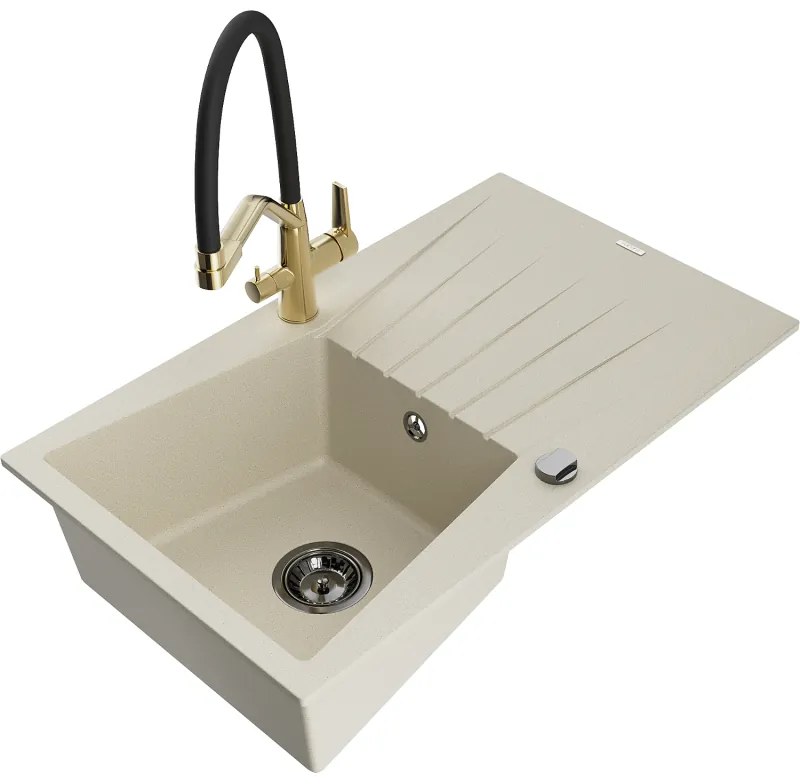 Mexen Cesar egymedencés gránit mosogató csepegtetővel és konyhai csappal Duo, bézs - 6514-69-671701-57-B