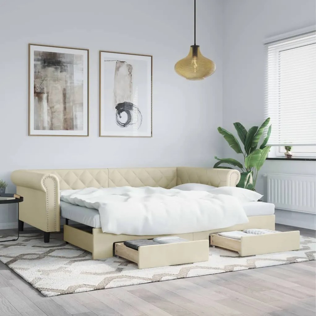 krémszínű kihúzható műbőr heverő fiókkal 90 x 200 cm