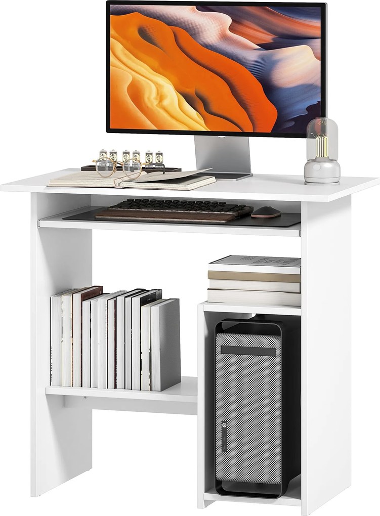 HOMCOM Íróasztal, 80 x 45 cm, Számítógép Asztal, Irodai Asztal Billentyűzet Tálcával, Nyitott Tárolóhelyekkel és Polcokkal, Forgácslap, otthoni irodáh