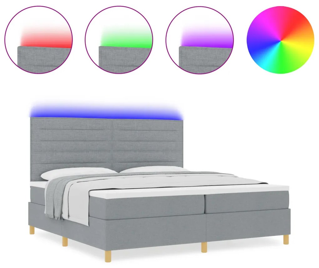 Boxspring Ágy Matraccal és LED Fénnyel Világosszürke 200x200 cm Szövet