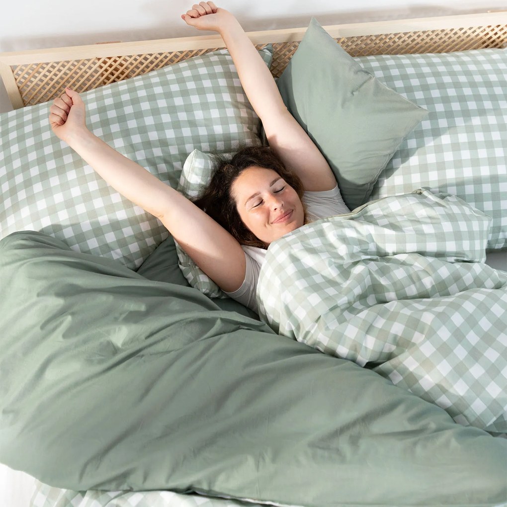 Goldea pamut ágyneműhuzat duo - zsálya színű kockás, zsálya színű hátoldal 140 x 220 és 70 x 90 cm