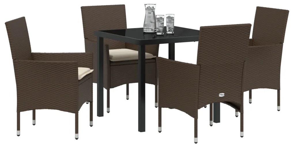 5 Részes Kerti Étkező Szett Párnákkal Barna Poli Rattan, Kerti Asztal Fekete 80x80x73 cm Edzett Üveg