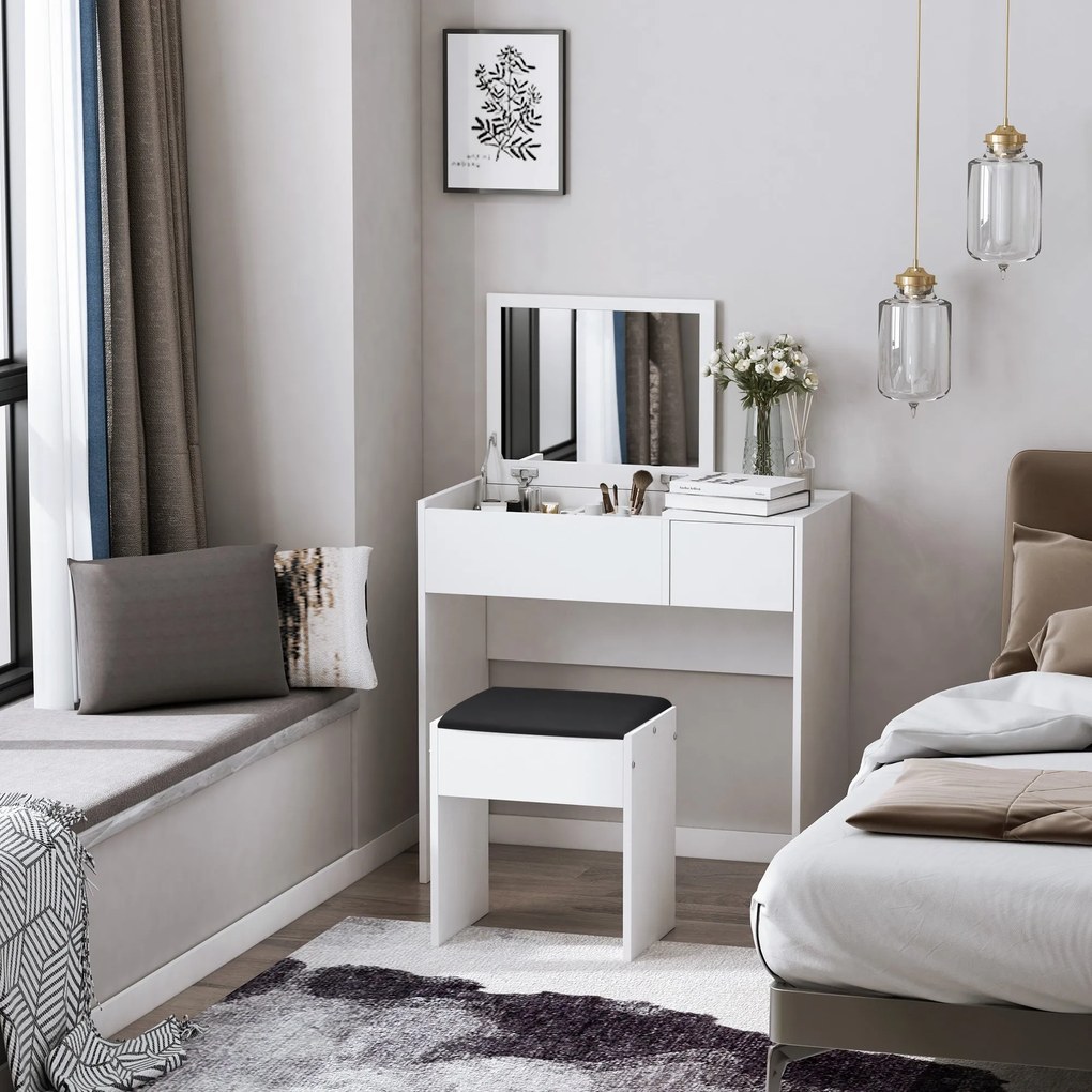 HOMCOM Sminkelőasztal Stool-al - Forgatható Tükörrel és Tárolódobozokkal 80x40x79 cm és 40x30x40 cm Fehér | Aosom
