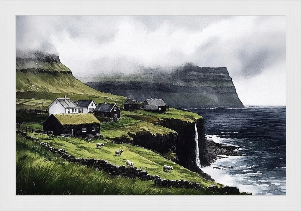 Poszter Keret Fa Tájkép Feröer-szigetek Település Házak Vízesés Hegyek 60x40