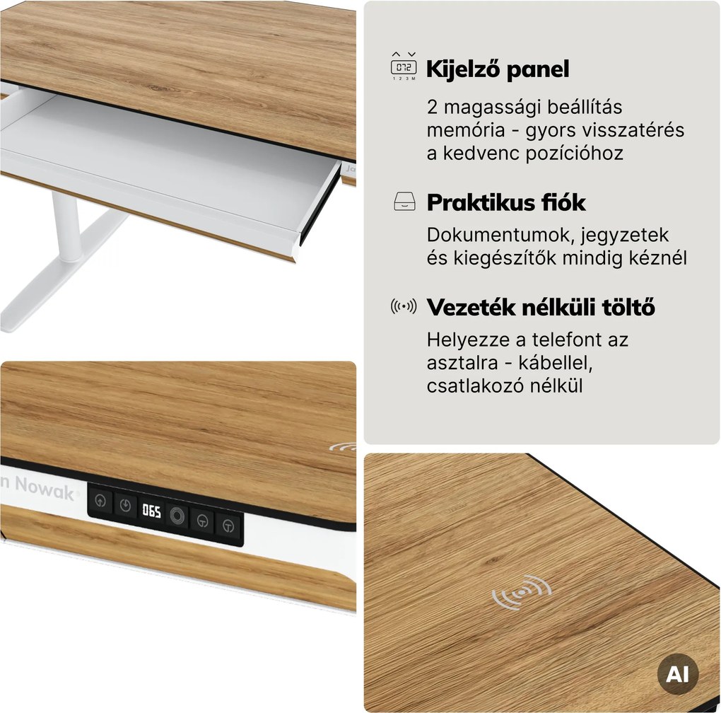 Elektromos ülő-álló íróasztal fiókkal és Qi vezeték nélküli töltővel fehér/aranytölgy, 1400 mm: ELLIS