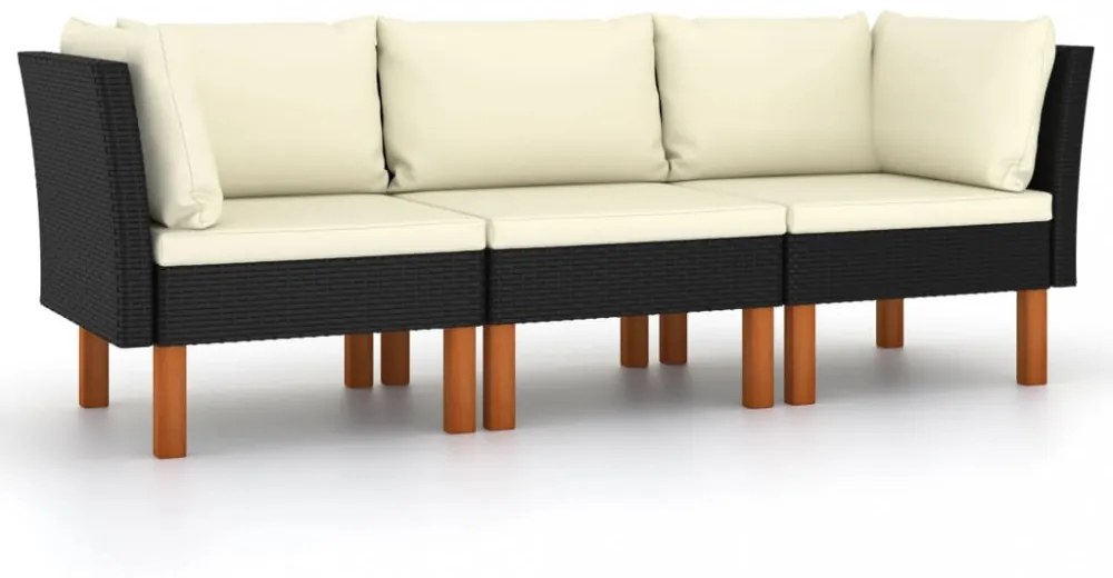 fekete 3 személyes polyrattan kerti kanapé párnákkal