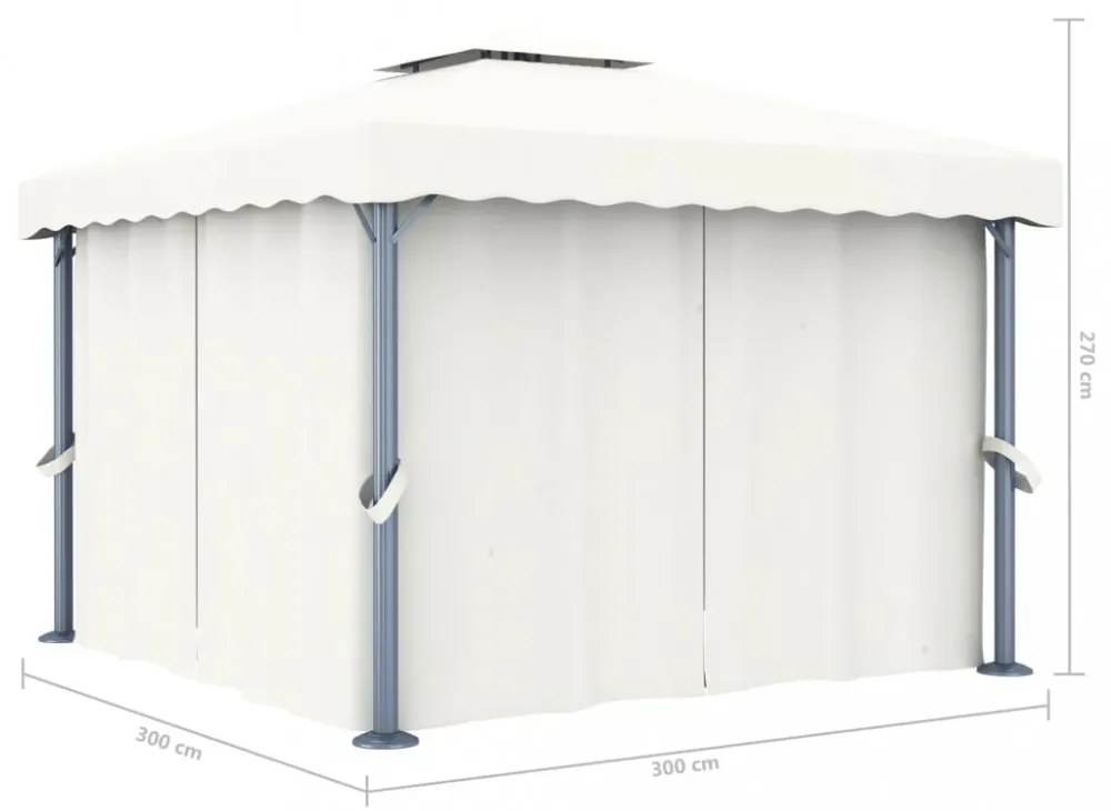 krémfehér pavilon függönnyel és LED fényfüzérrel 3 x 3 m