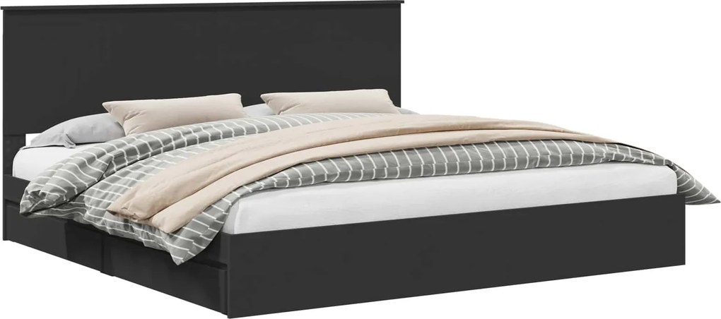 vidaXL Tárolós Ágy fejtámlával fiókkal Fekete 200 x 200 cm Faanyag