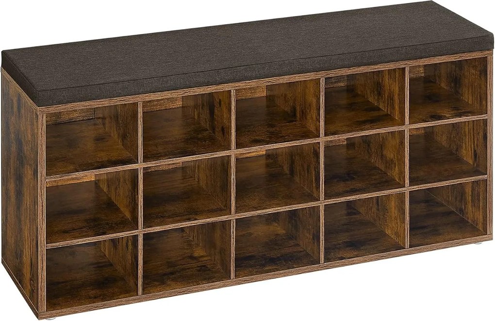 Cipőtartó pad, tárolós pad párnázott ülőfelülettel 30 × 105 × 48 cm, rusztikus barna színben