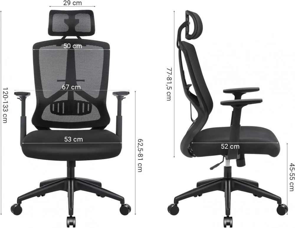 Irodai ergonomikus szék, deréktámasszal, fejtámasszal és hintázó funkcióval, fekete