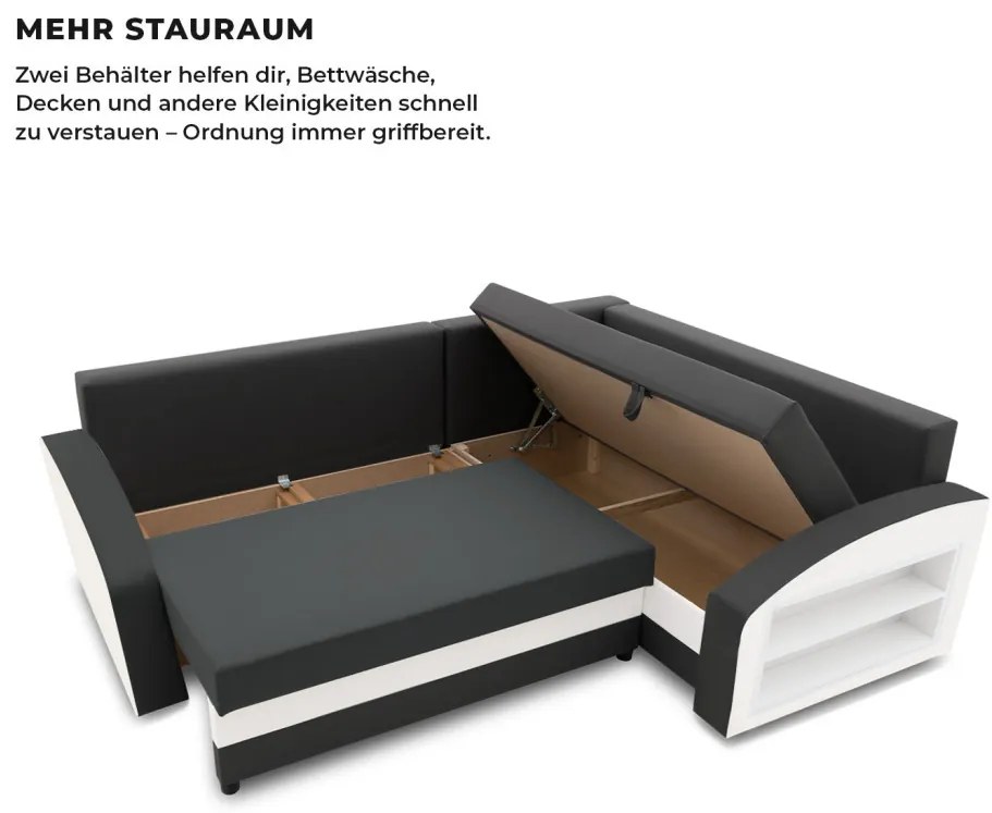 Grande sarokkanapé polcokkal , polc a jobb karfaban, jobboldali, szövet anyag, hab töltet, szürke - fehér