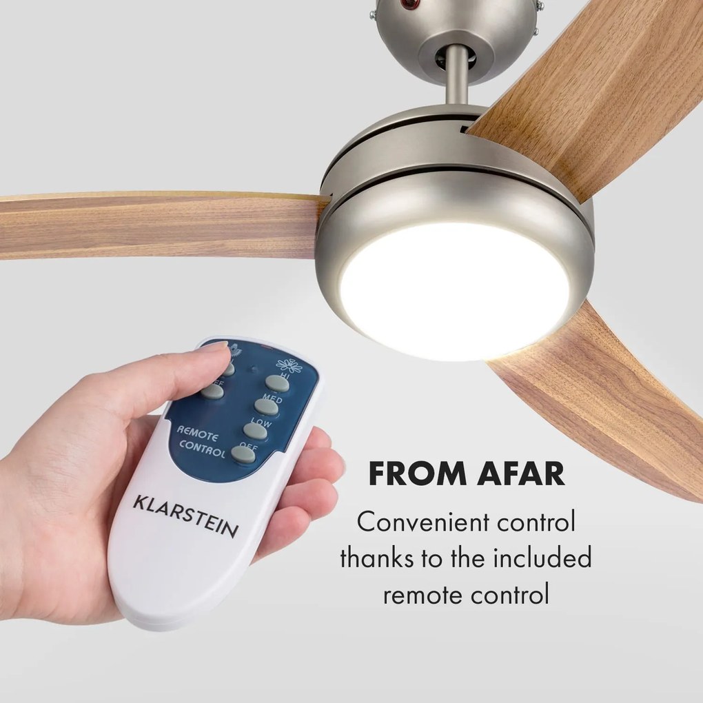 Klarstein El Paso, mennyezeti ventilátor, 52", E27 foglalat, 3 lapát, tölgyfa megjelenés
