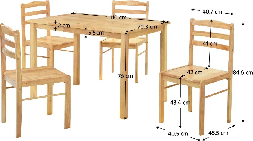 Étkezőgarnitúra 1+4, tömör fa, természetes, LOAK