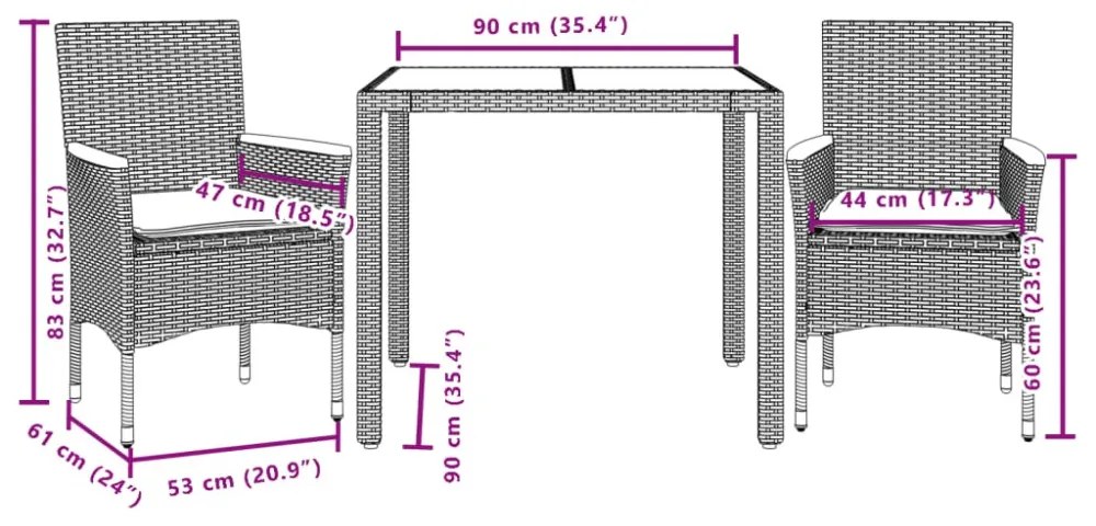vidaXL3részes fekete polyrattan/akácfa kerti étkezőgarnitúra párnákkal