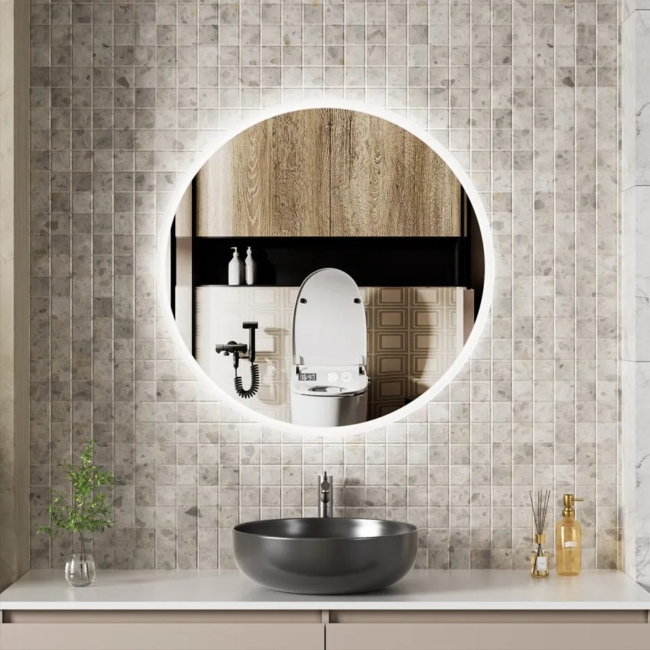 Erga Deam, kerek LED-es tükör 80cm, 3 színű lámpa, első világítás, páramentes fűtőbetét, ERG-V01-Deam-8080-CL