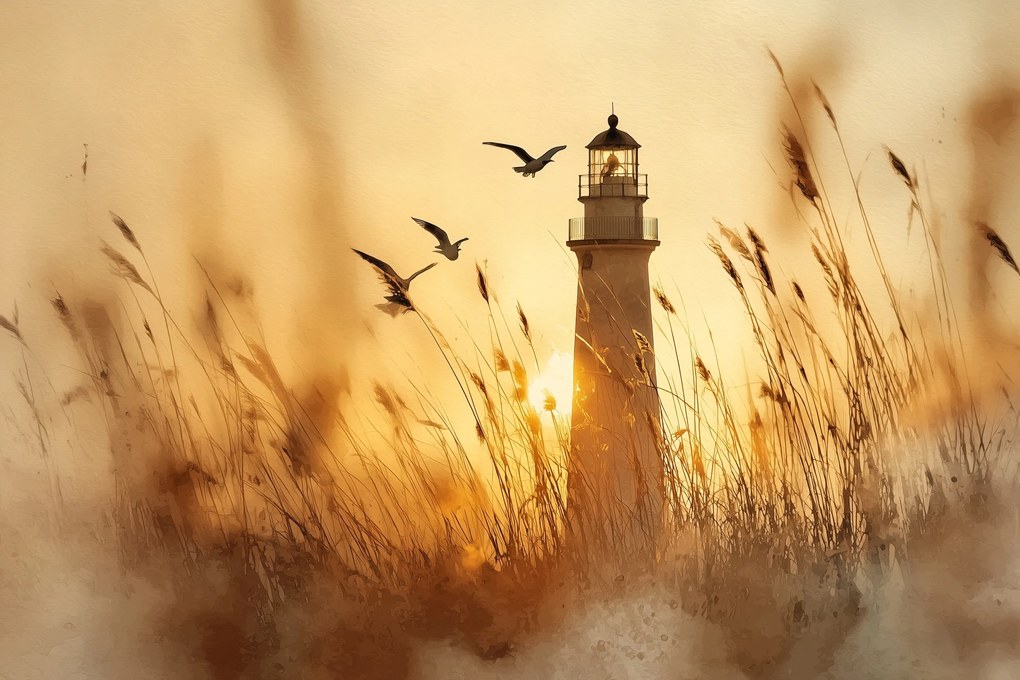 Canvas Vászonkép Világítótorony Naplemente Sirályok 120 x 80