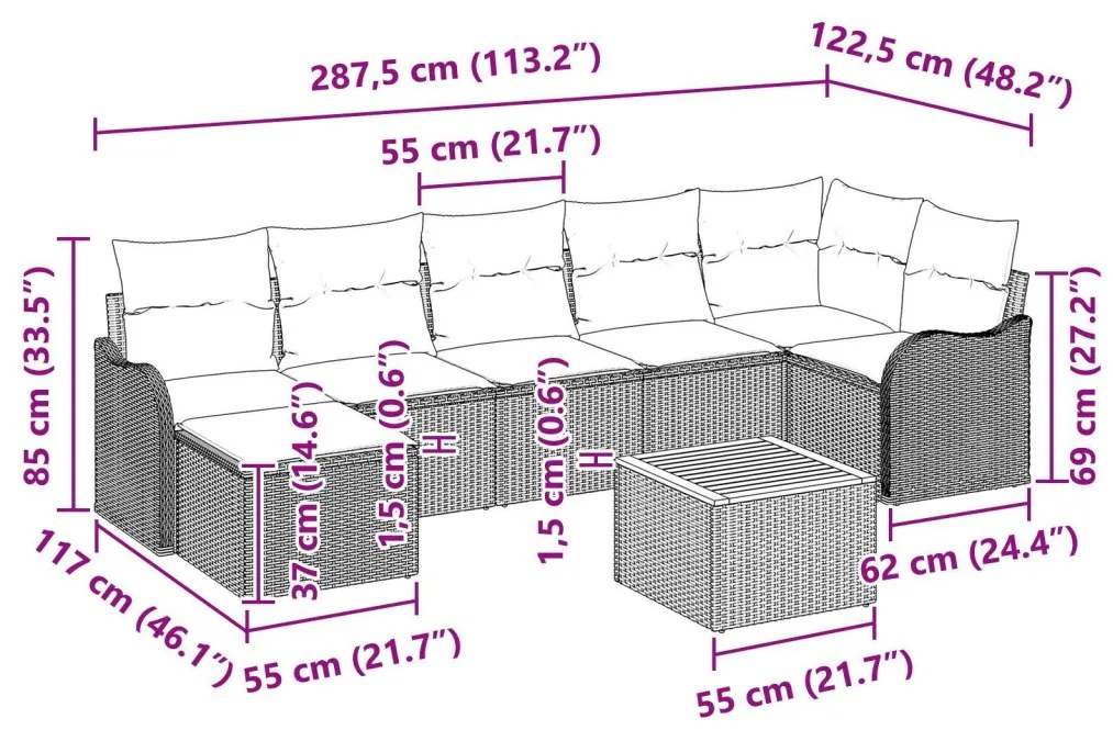 8 darabos kerti kanapé szett párnákkal Szürke Poli Rattan Akác, 2 fős kerti kanapé párnákkal Szürke Poli Rattan
