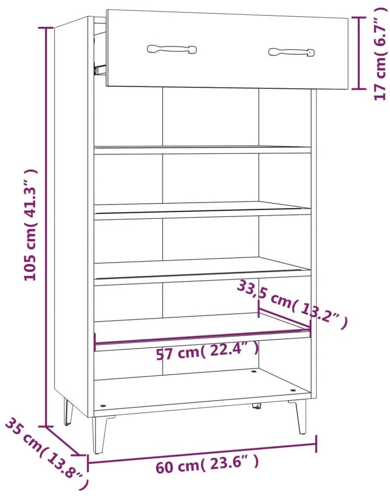 vidaXL magasfényű fehér szerelt fa cipőszekrény 60 x 35 x 105 cm