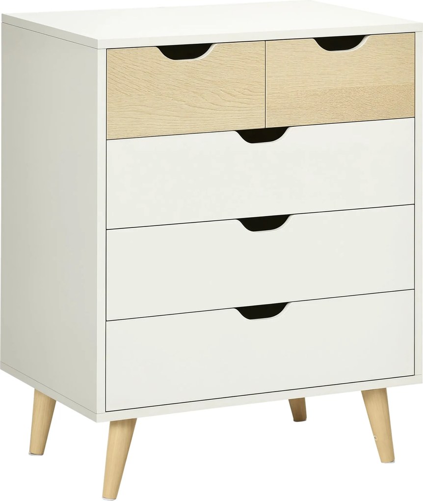 HOMCOM 5-Fiókos Komód Emelt Lábakkal Hálószobába, Nappaliba vagy Irodába – Modern Stílus, Anti-tipp 60x40x77,5 cm Természetes és Fehér | Aosom
