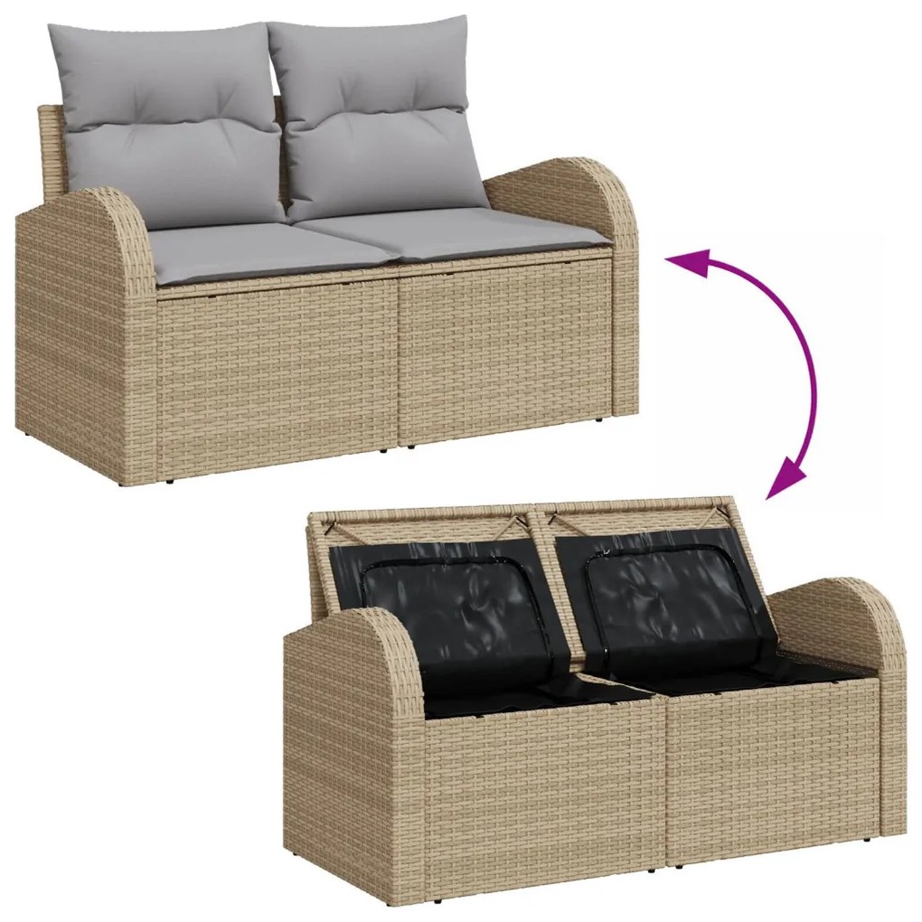11 Darabos Kerti Sofa Szett Párnákkal Bézs Poli Rattan Akác, 2-személyes Kerti Sofa Tárolóval és Párnákkal Bézs Poli Rattan, 3 Darabos Kerti Étkező Szett Párnákkal Bézs Poli Rattan Akác