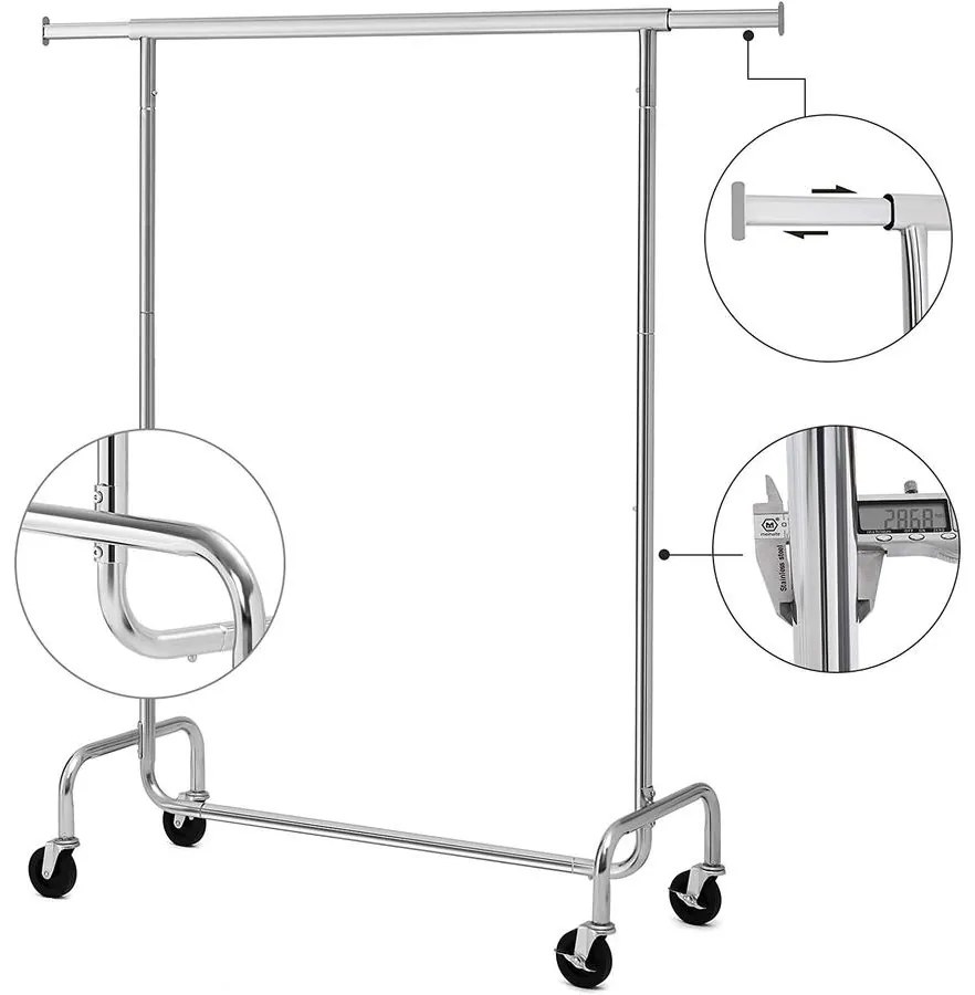 Nagy teherbírású fém ruhatartó, max terhelhetőség 130 kg, ruhaállvány kerekeken, hossza 110-150 cm
