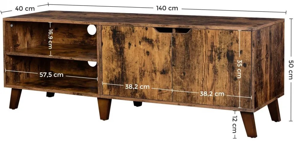 TV szekrény két ajtós, polcokkal, rusztikus barna 140x40x50cm
