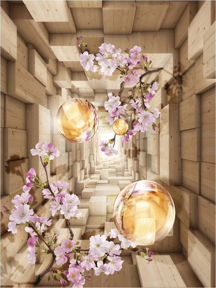 Flizelin fotótapéta Alagút Sakura Arany gömbök Perspektíva 206x275 +ragasztó