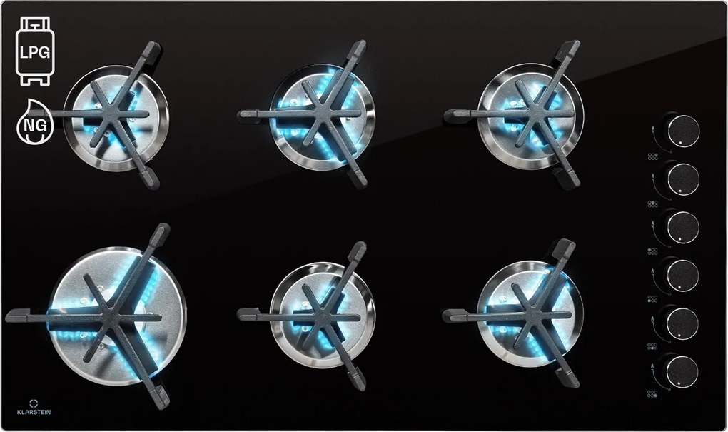Klarstein Trifecta 6 gázfőzőlap, 6 égő, nagy, normál és kiegészítő égők, üvegkerámia