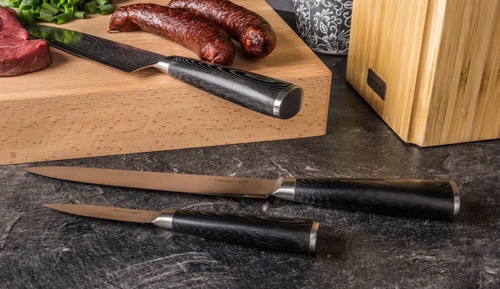 G21 Damascus Premium késkészlet bambusz blokkban, doboz, 5 db + köszörűkő