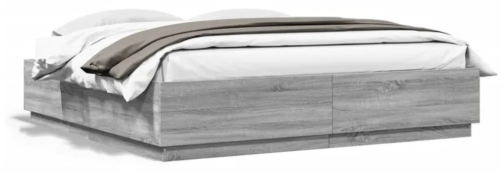 szürke sonoma színű szerelt fa ágykeret LED-del 200x200 cm