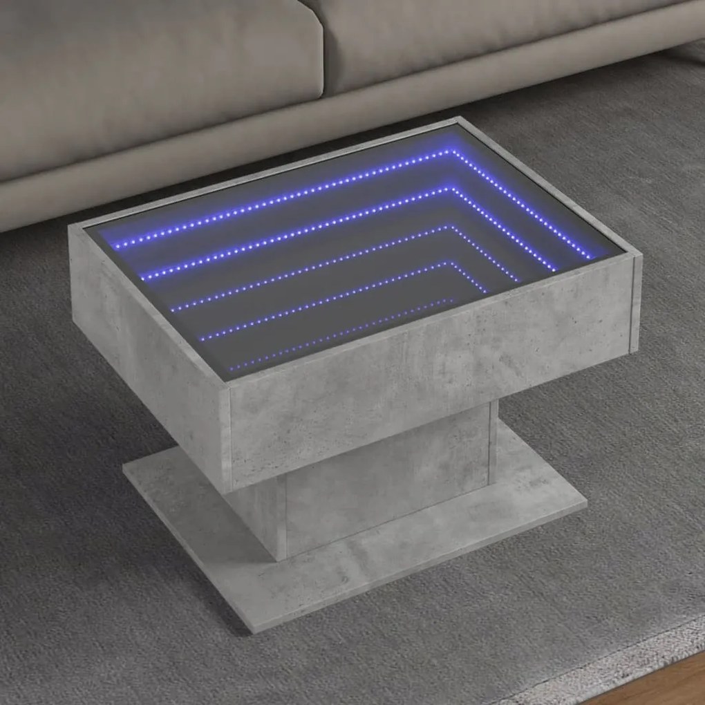 Betonszürke szerelt fa dohányzóasztal LED-del 70 x 50 x 45 cm
